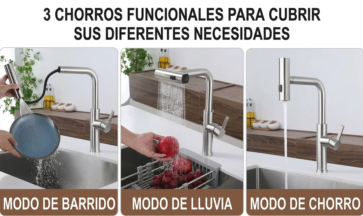 🚰 Grifo de Cocina Tipo Cascada 3 Modos